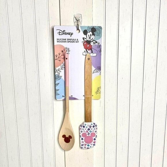 Disney Spatula Set Mickey Mouse Silicone Wooden Pink White - Picture 1 of 1